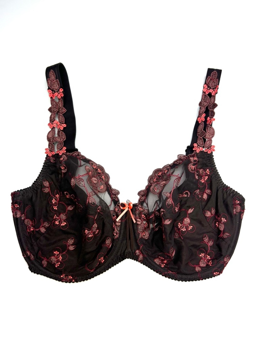 Prima Donna full coverage sheer  lace underwire bra UK 34F brown & Coral